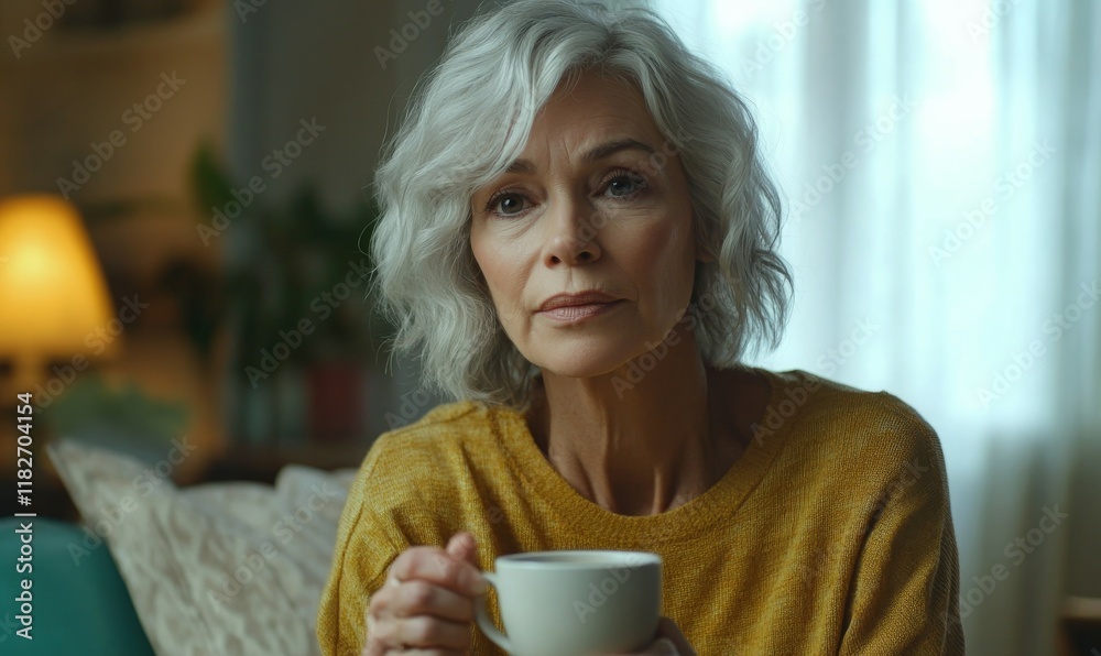 Serene Mature Woman Enjoying Coffee at Home Serene Mature Woman Enjoying Coffee at Home