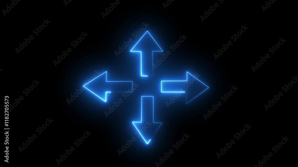 Abstract direction neon arrow sign icon animation.glowing neon arrow blue color abstract neon line glowing 4 side arrow animation. 4k video. Abstract direction neon arrow sign icon animation.glowing neon arrow blue color abstract neon line glowing 4 side arrow animation. 4k video.