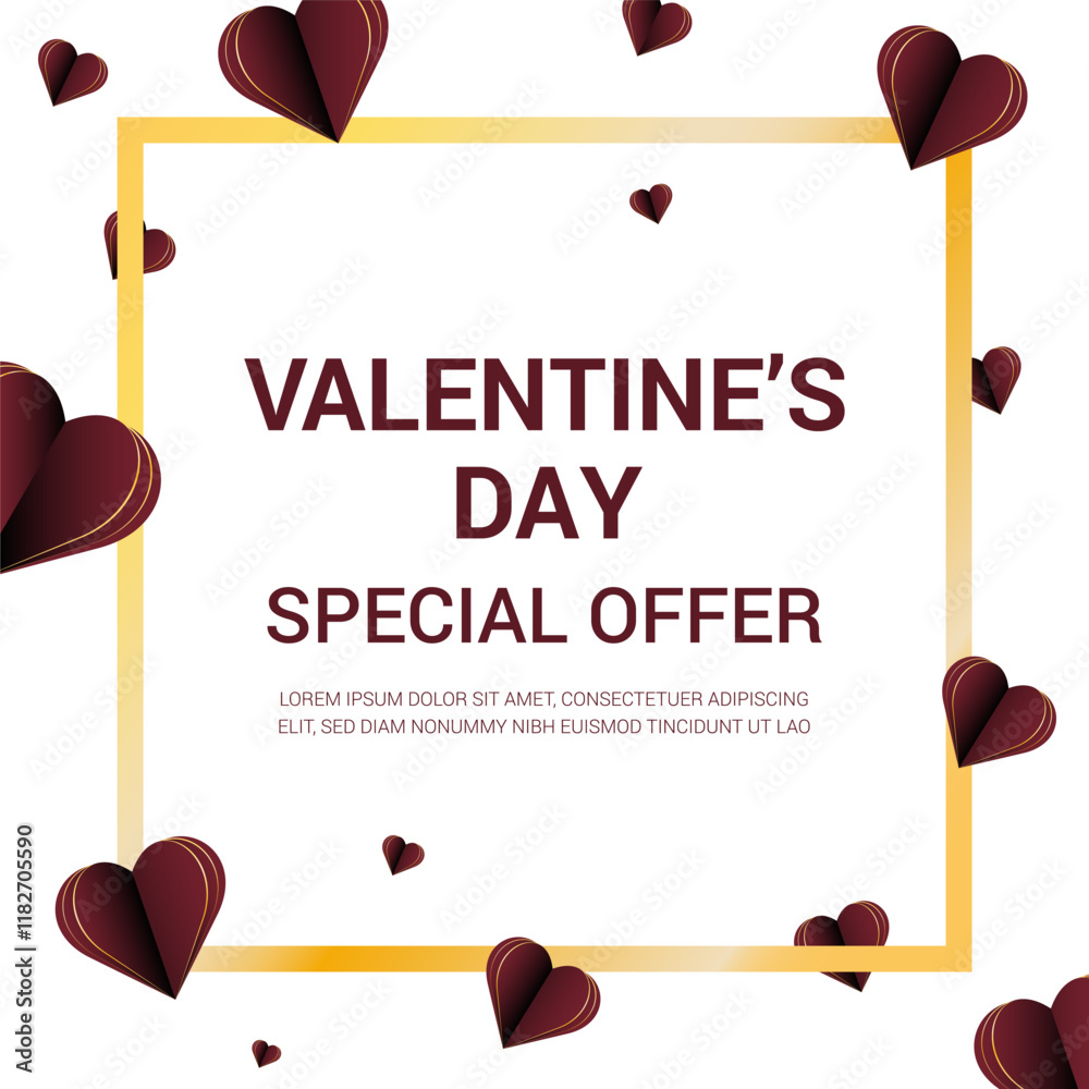 Banner with gold frame and flying hearts in cut paper style. Special offer banner for Valentine's Day. Valentine's Day. Holiday of love. Sale.Hearts are red with gold edges. Valentine's Day. Banner with gold frame and flying hearts in cut paper style. Special offer banner for Valentine's Day. Valentine's Day. Holiday of love. Sale.Hearts are red with gold edges. Valentine's Day.