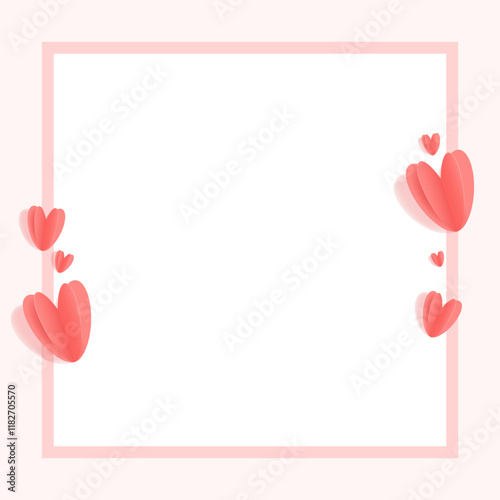 Banner with frame and flying hearts in cut paper style. Frame for text. Hearts. Valentine's Day. Romance and love. Screensaver, advertising template, advertising frame