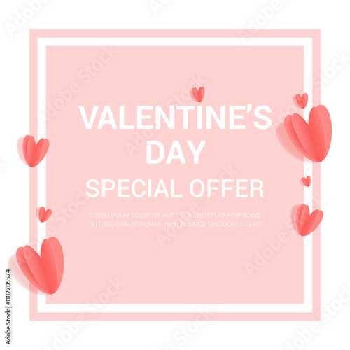 Valentine's Day Sale. Banner with space for text and hearts in the style of cut paper. Red paper hearts. Frame. Template, advertisement, brochure, post, etc.