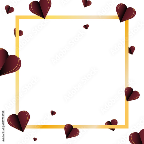 Banner with gold frame and flying hearts in cut paper style. Frame for text. Hearts are red with gold edges. Valentine's Day. Romance and love. Screensaver, advertising template, advertising frame