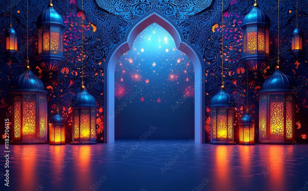 Obraz premium eid mubarak colorful greeting background, blue paper with a vibrant mandala and Ramadan lantern