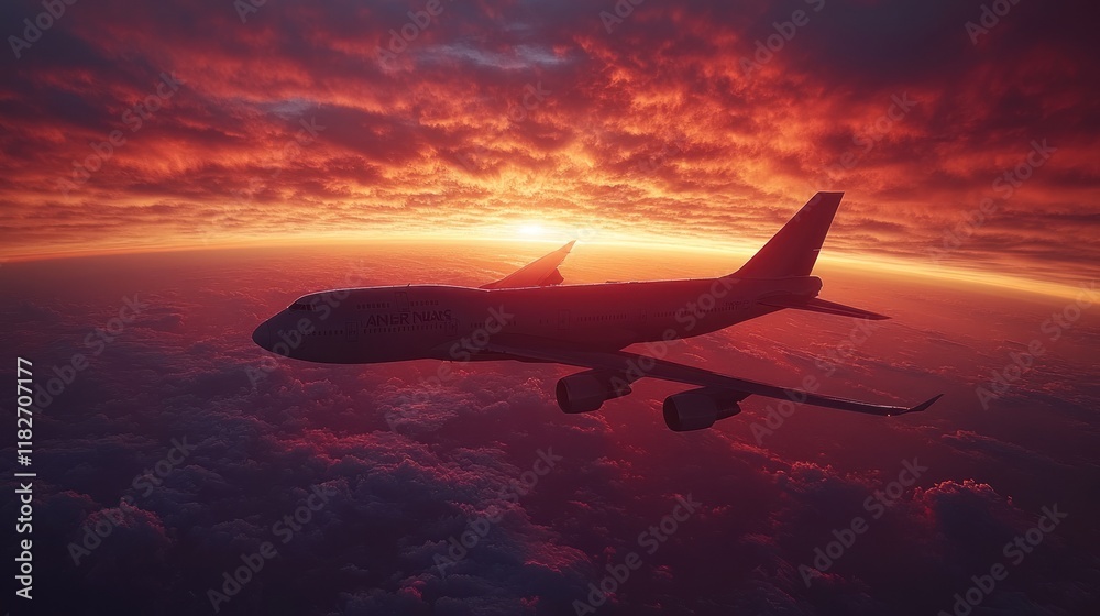 Fototapeta premium Airplane flying above clouds at sunset, showcasing vibrant colors and serene atmosphere.