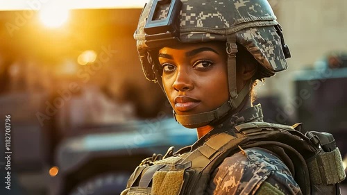 A young Black woman, depicted as a soldier, stands confidently during a sunset, clad in full military gear. She exudes strength and readiness, symbolizing empowerment and duty.
