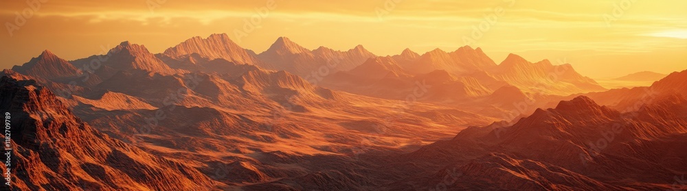 Naklejka premium Majestic mountain landscape bathed in golden sunlight at dusk, highlighting rugged terrain and distant peaks under a serene sky