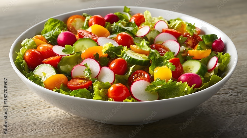 Colorful vegetable salad with cherry tomatoes, cucumbers, and radishes served in a white bowl Colorful vegetable salad with cherry tomatoes, cucumbers, and radishes served in a white bowl