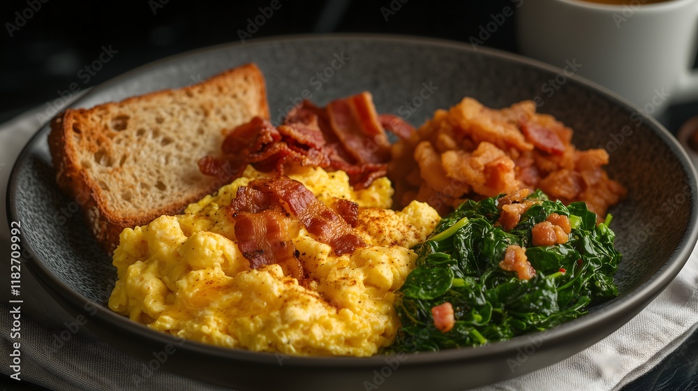 Delicious breakfast plate featuring scrambled eggs, crispy bacon, and sautéed greens served with toast Delicious breakfast plate featuring scrambled eggs, crispy bacon, and sautéed greens served with toast