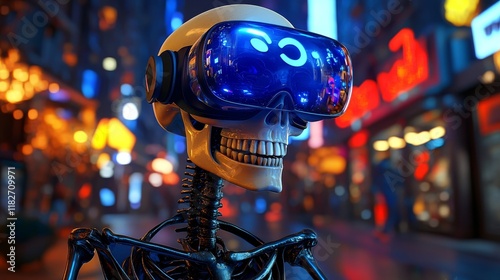 A 3D render depicts a cyberpunk human skull, mouth agape, clad in a black leather jacket, sporting futuristic yellow-gray metal VR glasses that emit a green glow, accented with blue photo