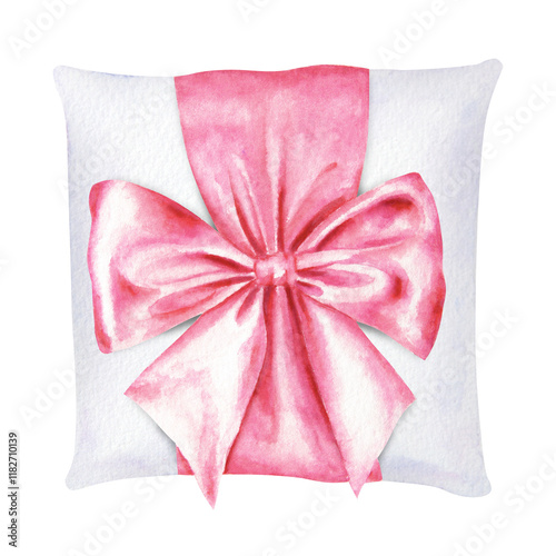 Watercolor illustration of a pink satin bow elegantly tied on a ring pillow. Perfect for wedding designs, romantic events, gift wrapping or feminine branding. Hand painted clip art with fine details photo