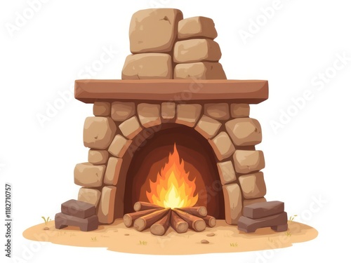 Outdoor Stone Fireplace with Burning Logs Isolated on White Background