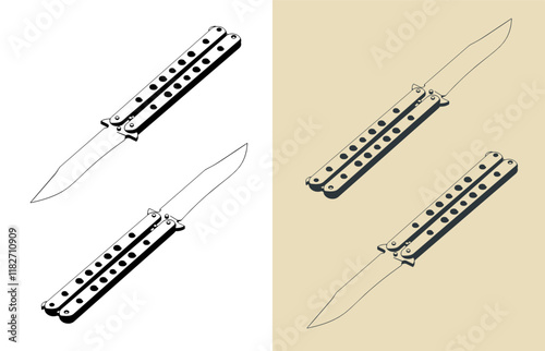 Butterfly knife isometric illustrations