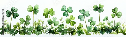 A banner featuring hand-drawn watercolor shamrocks and Irish clovers on a clean white background, with ample space for text