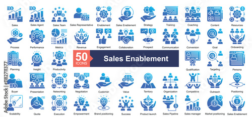 Sales Enablement icon collection set. Containing Sales, Sales agent, Sales Team, Sales Representative, Enablement, Sales Enablement, Strategy, Training, Coaching, Content, Resources, Process, Performa