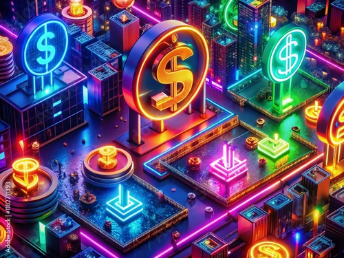 Aerial View: Neon Cartoon Money Symbols & Wealth Illustrations - Night Photography