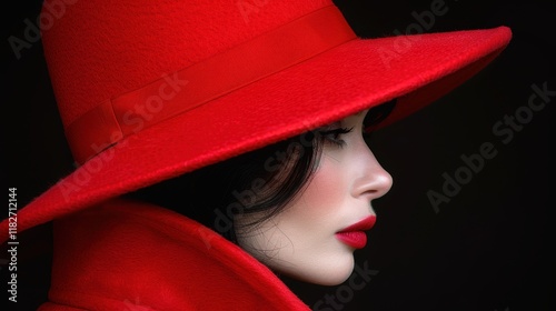 Wallpaper Mural Profile of a Person Wearing a Bold Red Hat and Red Coat Against a Dark Background, Highlighting Elegant Fashion Style and Dramatic Contrast Torontodigital.ca