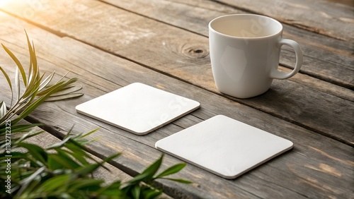 Mockup of two blank square coasters on a rustic wooden table, paired with a white ceramic cup and surrounded by green leaves. Ideal for branding, wedding favors, or personalized spring-themed designs. photo