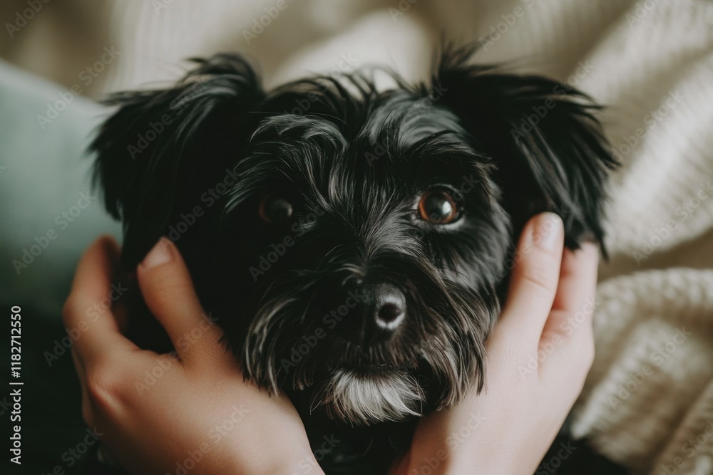 Close-up of hands petting and comforting an adorable black wire-haired dog with brown eyes, on the lap in a home setting Generative AI Close-up of hands petting and comforting an adorable black wire-haired dog with brown eyes, on the lap in a home setting Generative AI