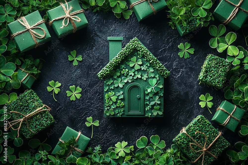 Naklejka premium Home symbol encircled by gifts, four-leaf clover, and stars on a black backdrop. Copy area. St. Patrick's Day theme