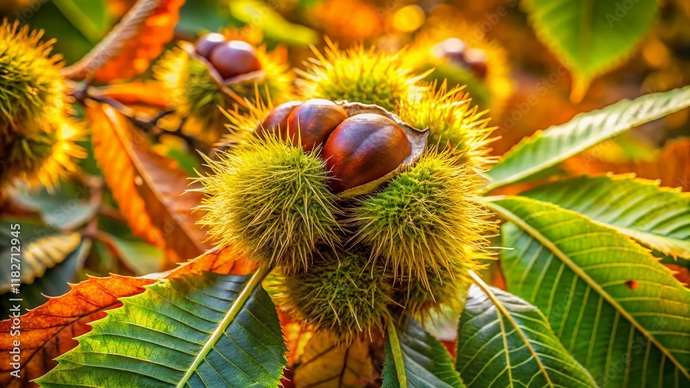 Aerial View of Chestnut Tree with Lush Leaves and Burrs in Autumn Aerial View of Chestnut Tree with Lush Leaves and Burrs in Autumn