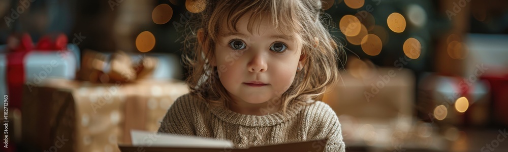 There is a little girl that is looking at a book, portrait, banner, copy space There is a little girl that is looking at a book, portrait, banner, copy space