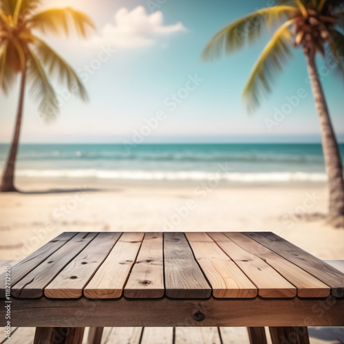 Empty rustic wooden table on blur background of beautiful beach for mockup summer product display or travel ad. Picnic table with customizable space on table-top for editing. Flawless photo