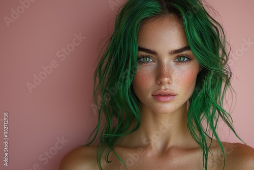 Stylish young woman adorned for St. Patrick's Day party against a green backdrop photo