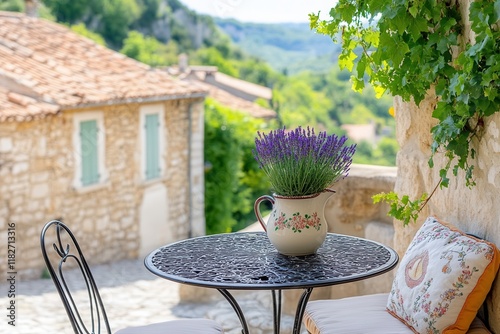 Provencal courtyard with bistro set and ivy-covered walls