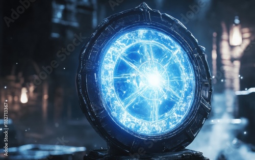 A magic weapon shield glowing with protective blue light, warding off dark forces in a fantasy world. photo