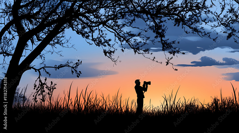 Photographer silhouetted against sunrise, capturing nature scene. Willowlight. Illustration Photographer silhouetted against sunrise, capturing nature scene. Willowlight. Illustration
