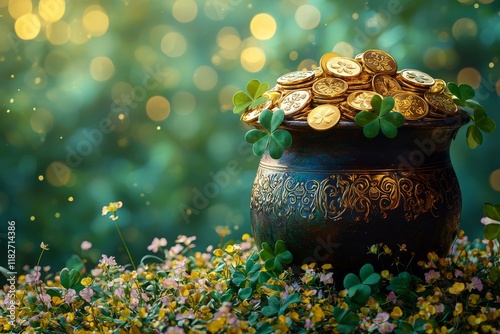 Pot of gold and four lucky clovers, representing good fortune and prosperity, designed for a St Patrick's Day Irish beer festival banner. The image features a realistic gold pot against an unfocused photo