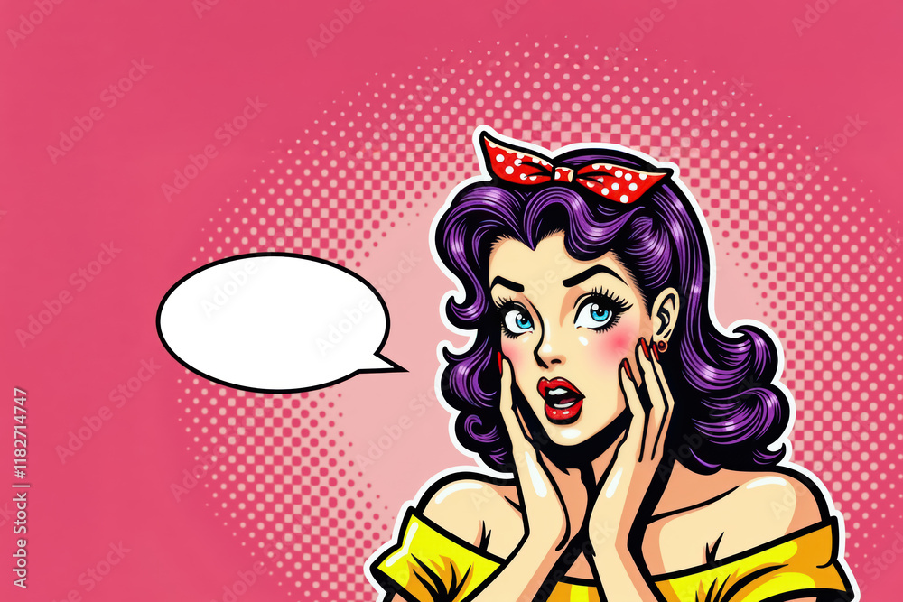 Retro-style pin-up woman expressing surprise with hand on face over halftone background. Classic pop art comic scene with empty speech bubble for text.
Retro-style pin-up woman expressing surprise with hand on face over halftone background. Classic pop art comic scene with empty speech bubble for text.