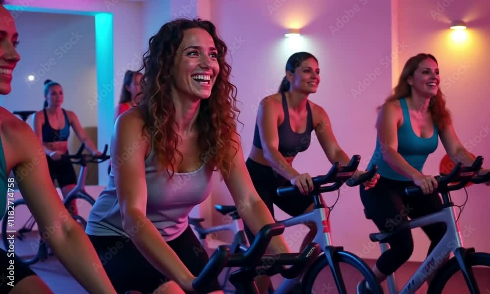 A woman leading a high-energy spin class, motivating participants with enthusiasm and dynamic energy in a modern gym