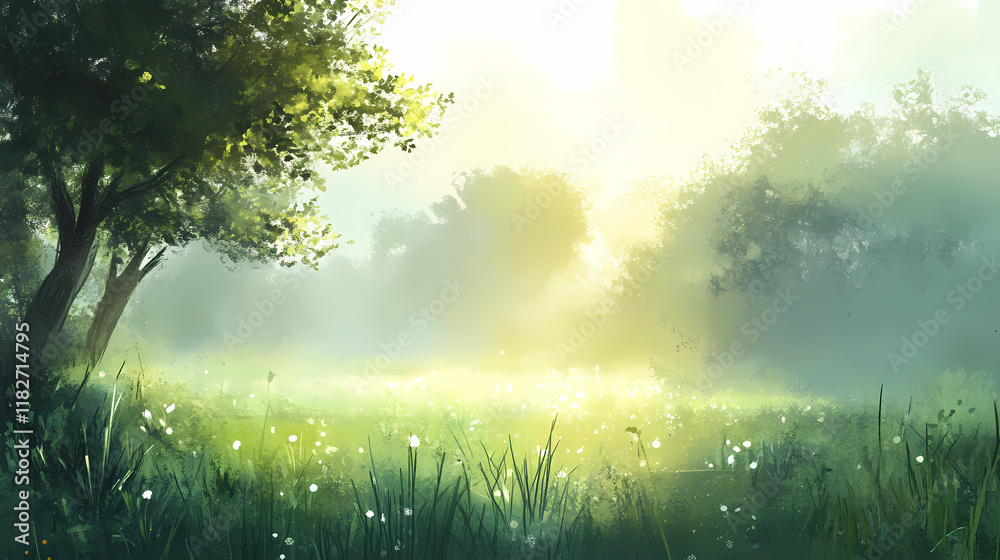 Serene foggy morning in a dewy meadow. Willowlight. Illustration Serene foggy morning in a dewy meadow. Willowlight. Illustration