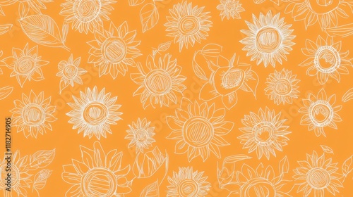 A Whimsical Sunflower Pattern Design in Soft Orange Background