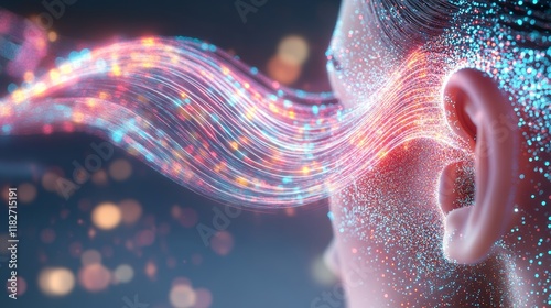 A conceptual image of light waves flowing around a human ear, symbolizing sound, technology, and connectivity