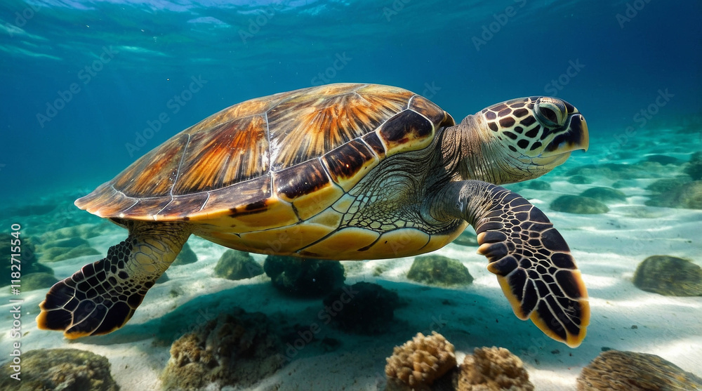 Obraz premium A happy sea turtle searching for food 