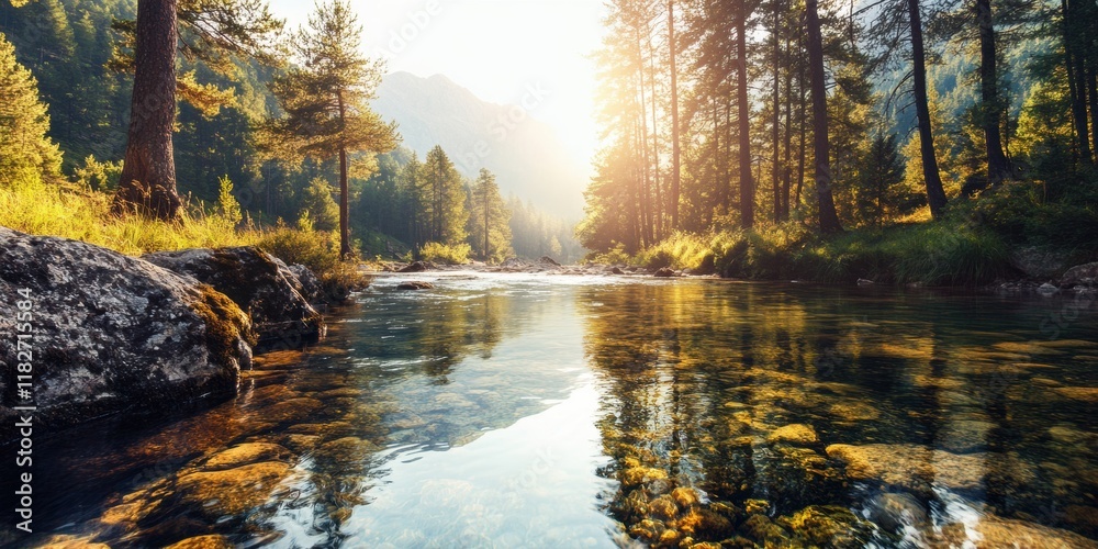 Naklejka premium Tranquil River Flowing Through Rocky Landscape Surrounded by Lush Green Trees and Boulders Creating a Peaceful Natural Scene in Untouched Wilderness