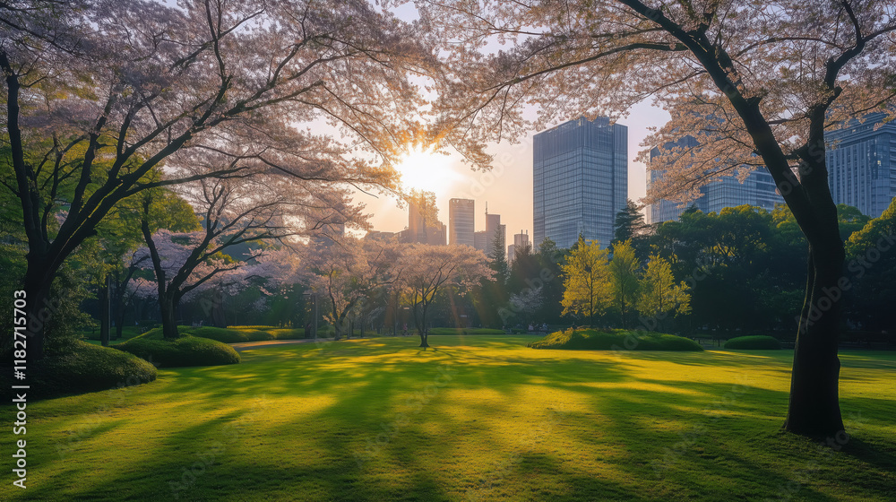 Obraz premium A Tranquil Green Space in the Heart of Tokyo, with Wide Walking Trails, Meticulously Maintained Lawns, and Rays of Sunlight Breaking Through Sakura Trees, Framed by Sleek, Modern City Architecture