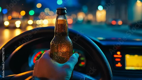 An adult man's hand holding a beer bottle while driving in a car at nighttime, illustrating the risky behavior of drinking alcohol behind the wheel.