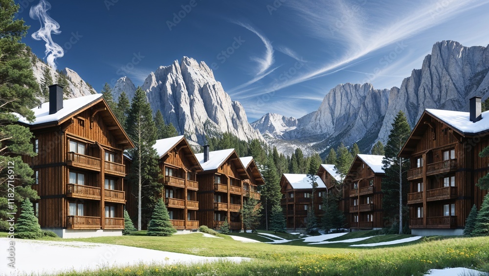 A serene wooden apartment complex nestled in the heart of a lush forest, blending harmoniously with nature, offering a peaceful retreat with stunning views and a perfect balance of modern living and n A serene wooden apartment complex nestled in the heart of a lush forest, blending harmoniously with nature, offering a peaceful retreat with stunning views and a perfect balance of modern living and n