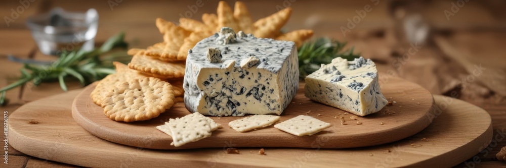 Blue cheese crumbles on a wooden board with crackers and garnishes on vintage brown background , snacks, decor, brown Blue cheese crumbles on a wooden board with crackers and garnishes on vintage brown background , snacks, decor, brown