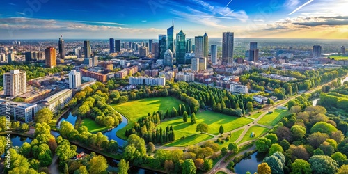 Aerial View of Modern Cityscape with Lush Green Park, Drone Photography