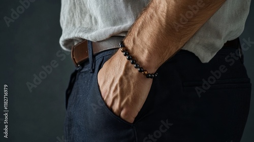 Man’s hand in black trousers pocket, wearing a black bead bracelet with bronze accents, paired with a linen shirt against a gray background photo