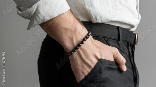 Man's hand wearing black beaded bracelet with bronze accents, resting in the pocket of black trousers, with a linen shirt against a neutral gray background photo