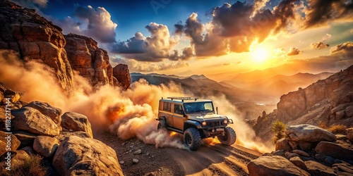 Aerial View of Off-Road Vehicle Exploring Rugged Terrain photo