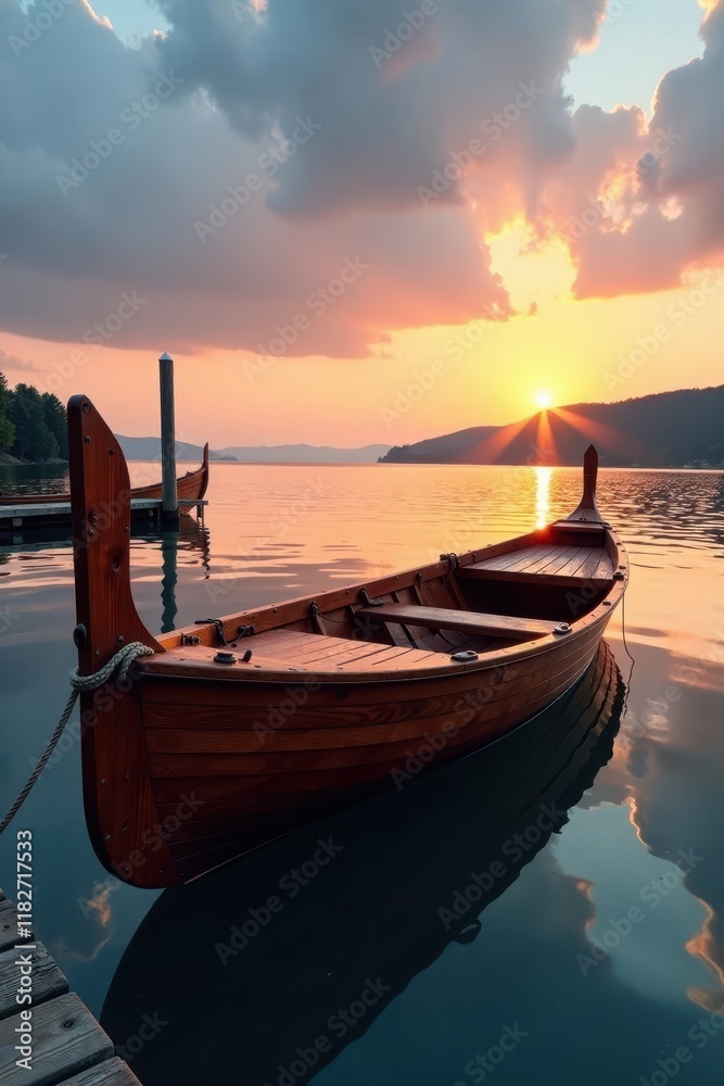 Classic wooden twin paddle boat tied with rope on dock side at sunset, water, dock, sailing Classic wooden twin paddle boat tied with rope on dock side at sunset, water, dock, sailing
