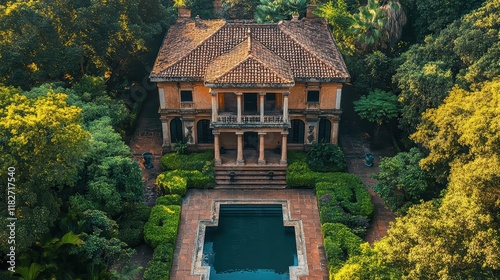 Colonial-era mansion nestled amidst lush greenery with a serene symmetrical garden and central pool, capturing the timeless elegance and architectural sophistication of historic homes