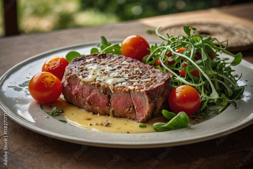 a stunning emplatado of carne trenzada atop a golden-crusted provolone, surrounded by a delicate, freshly-picked arugula salad adorned with succulent cherry tomatoes a stunning emplatado of carne trenzada atop a golden-crusted provolone, surrounded by a delicate, freshly-picked arugula salad adorned with succulent cherry tomatoes