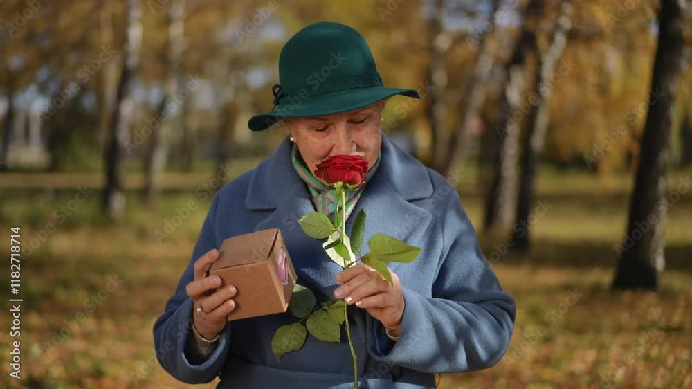 A cheerful elderly woman joyfully holds a beautiful rose and a heartshaped gift in a vibrant autumn landscape A cheerful elderly woman joyfully holds a beautiful rose and a heartshaped gift in a vibrant autumn landscape
